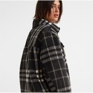H&M Black Plaid Wool Blend Coat Jacket Flannel‎ Style Small